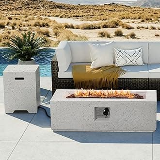 COSIEST 2-Piece Outdoor Propane Fire Pit Table Set w Tank Table, 42-inch Terrazzo Rectangle Fire Table (50,000 BTU) w 16 inches Tank Cozy Side Table 20lb, Waterproof Cover for Garden, Pool, Backyard
