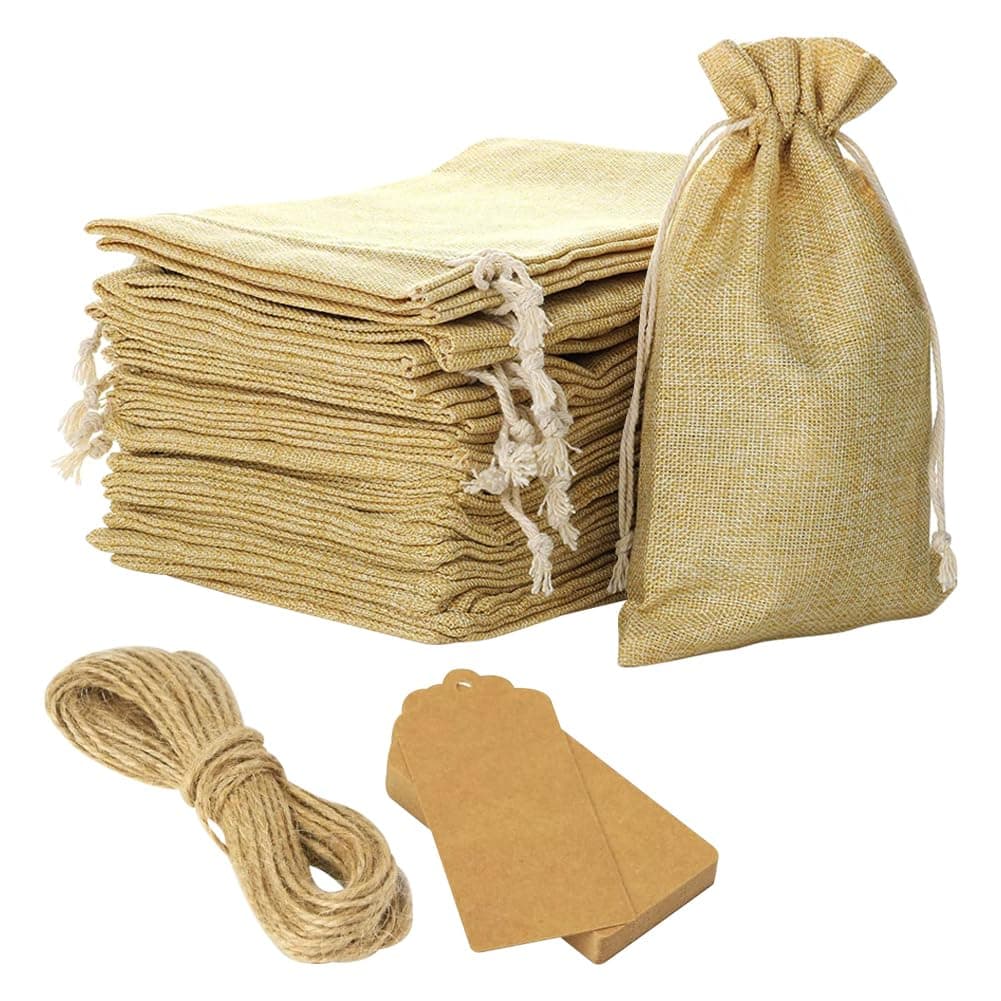 25 Pcs Burlap Bags with Gift Tags Drawstring Ropes 4 x 6, Bulk Linen Jute Bags Rustic Gift Bag for Wedding Party Favors Festivals DIY Craft Present Snacks Jewelry Birthday Party Bags Treat Pouches