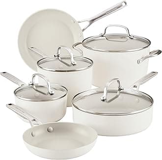 KitchenAidHard Anodized Ceramic Nonstick Pots and Pans Set with Saucepans, Frying Pans, Stockpot, and Lids, 10 Piece Non Stick Cookware Set with Stainless Steel Handles - Porcelain White