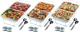 Disposable Chafing Pans Dish Set with Wire Stands - 33 piece Buffet Serving Chafer Combo | Includes Full Size and Half Size Aluminum Steam Table Pans with Lids, Gel Fuel Cans and Serving Utensils