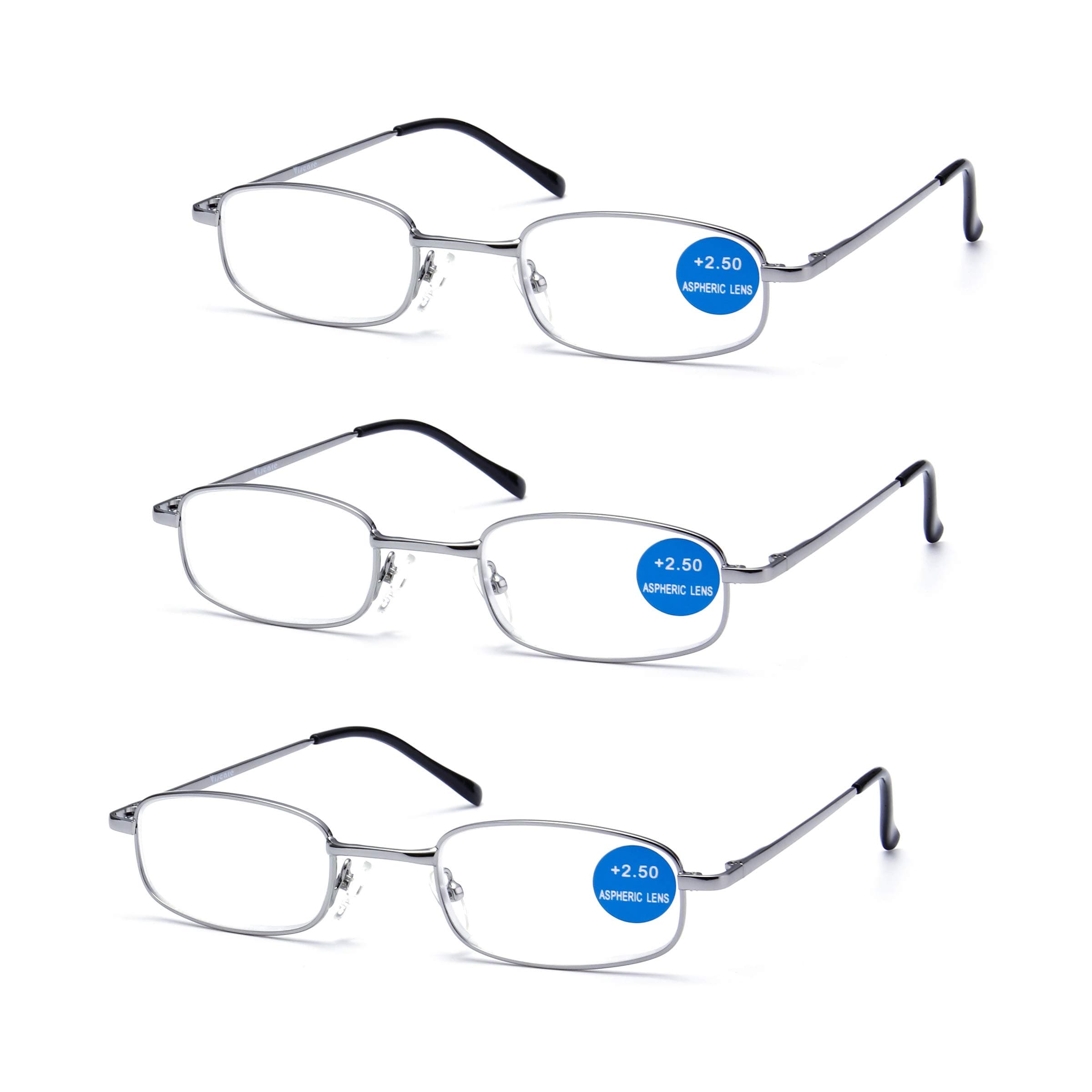 Impeccable Metal Frame and Crystal Clear Vision - Viscare 3-Pack Men Women Metal Spring Hinged Full Frame Reading Glasses Readers w/ 3 Pouches 1 Cloth +2.00