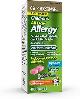 GoodSense Children's All Day Allergy Relief, Cetirizine Hydrochloride Oral Solution 1 mg/mL, Bubble Gum Flavor, Dye Free, Sugar Free, 4 Fluid Ounce