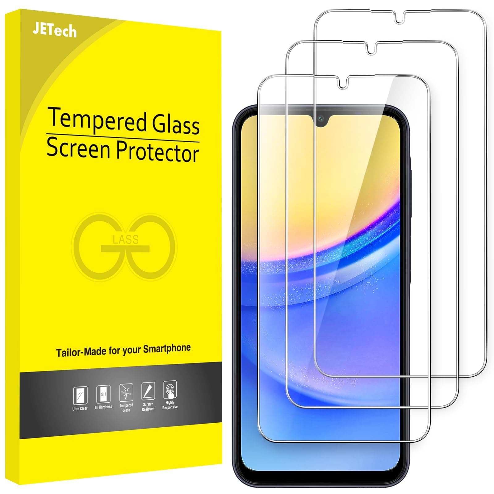 JETech Screen Protector for Samsung Galaxy A15 4G / 5G 6.5-Inch, 9H Tempered Glass Film, Anti-Scratch, HD Clear, 3-Pack