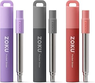 ZOKU Reusable Metal Straws with Case for Travel, Purple, Grey and Red - Collapsible Stainless Steel Drinking Straws with Silicone Tips and Cleaner Brushes, Ideal for Key Chains, Pockets, Purses