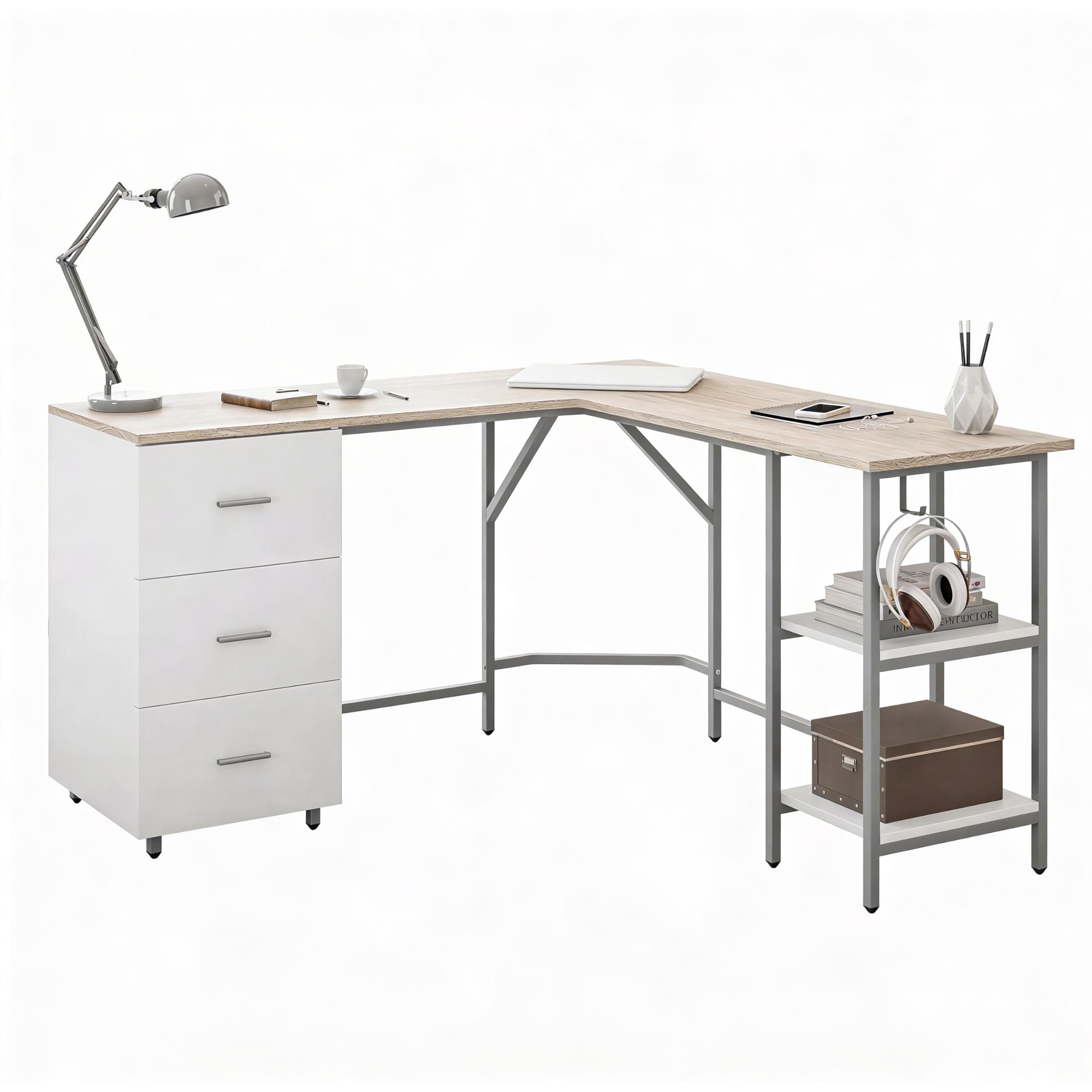 L Shaped Desk - Two-Toned Computer Desk with Drawers & Storage Shelves - Simple Modern Furniture & Home Office Space Corner Table for Work & Writing