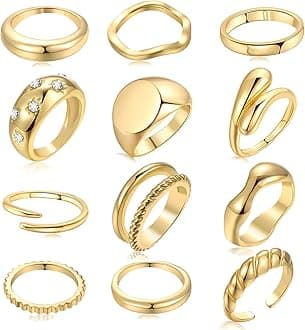 FAXHION 12PCS Gold Stackable Rings Set for Women, 18K Gold Plated Open Stacking Knuckle Ring, Adjustable Chunky Signet Band Statement Ring for Gift