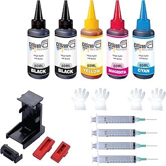 Refill Kit with Suction Tool Combo Pack of High Yield Inkjet Cartridge Ink Refill Compatible for HP and Canon Cartridge Printers - 80ml Per Bottle (5 Ink Bottle Full Set)