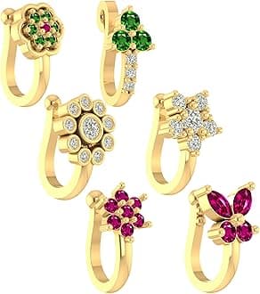 FASHIONS 6 Pcs 18K Gold Plated Anti Tarnish Clip on Nose pin without Hole Non Piercing Pressing Type Nose ring Stud for Women & Girls