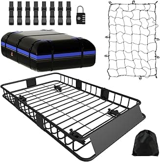 250LBS Universal Roof Rack Basket, 64"x39"x6" Rooftop Cargo Carrier Rack + Waterproof Cargo Bag 15 Cubic Feet(43"x34"x17") and Cargo Net