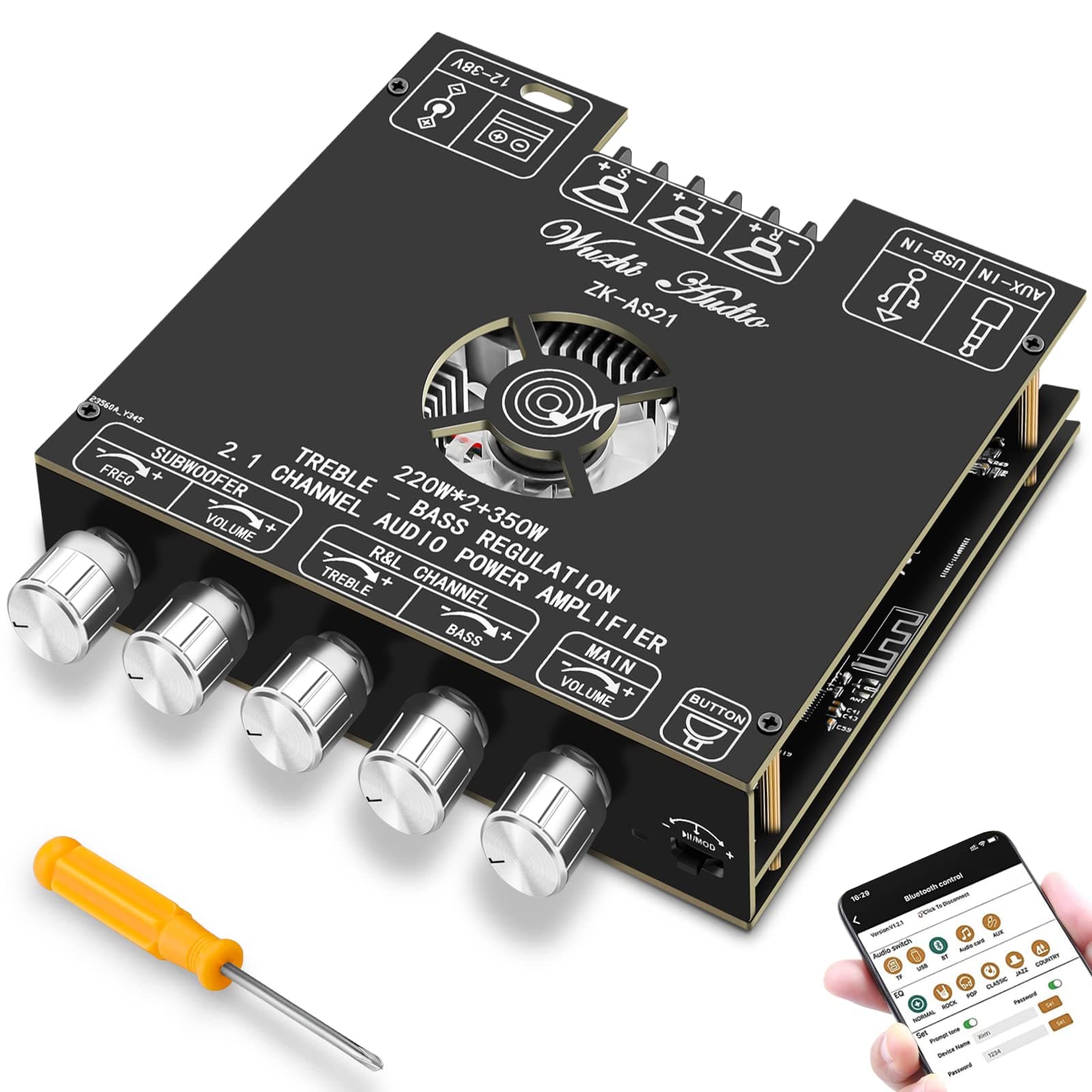 MakerHawk Bluetooth Power Amplifier Board Stereo - HiFi 2.1 Channel 2X220W+350W Bluetooth 5.1 Audio Amplifier Board 12-38V Subwoofer Control with AUX/Bluetooth/USB Flash Drive