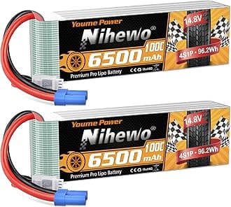 4S Lipo Battery 14.8V RC Battery 6500mAh 100C EC5 Connector Compatible with Arrma Axial Losi 1/5 1/6 1/7 Scale RC Car Truck Boat Airplane Helicopter Quadcopter Models (2Packs)