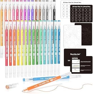 Shuttle Art Gel Ballpoint Pens 30 Colors 0.6mm Ultra Fine Cute Journal Pen Gel Ink with Black Paper Color Samples for Adult Coloring Book Illustration Writing Drawing Notebook Diary Memo School Study