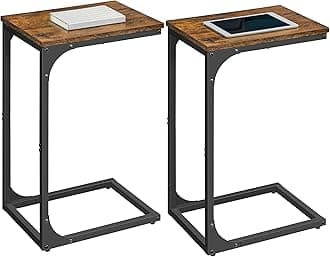 Set of 2 C-Shaped Side Table, Bedside Table, Sofa Side Table, Coffee Table, with Metal Frame, Industrial, for Living Room, Bedroom, Rustic Brown and Black LET354B01