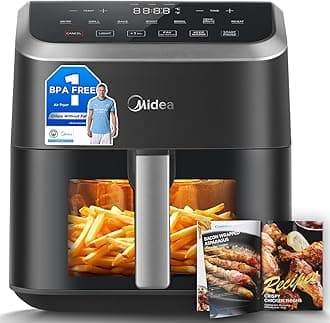 Midea Air Fryer with Visible Window 5L, HeatXpress Rapid Air Technology, 90% Less Oil, Energy Saving, 7-In-1 Presets, Non-Stick, Dishwasher Safe, Digital Display, +1 Minute Button,1600W Power