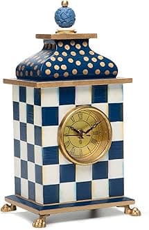 MACKENZIE-CHILDS Desk Clock, Decorative Wood Clock for Kitchen and Living Room, Blue-and-White Royal Check
