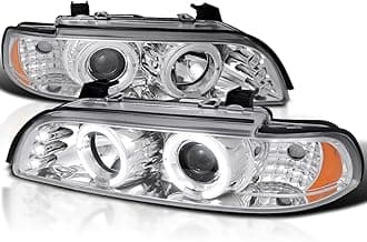 SPEC-D TUNING Chrome LED Dual Angel Eyes Projector Headlights Compatible with 1996-2003 BMW E39 5-Series Models Without OE Xenon Headlights, Left + Right Pair Headlamps Assembly