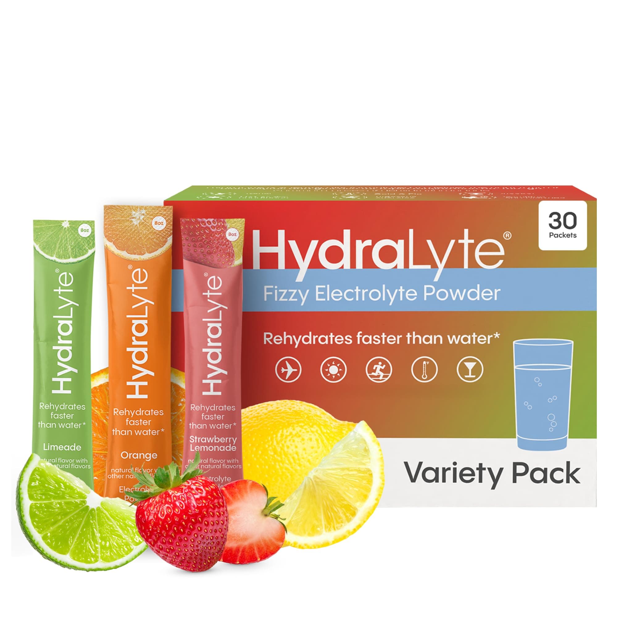 Hydralyte Low Sugar Rapid Rehydration - Lightly Sparkling Electrolyte Powder Packets, 8 oz Serve | Variety Hydration Packets | Hydration for Heat, Travel, Exercise and Bachelorette Parties (30 Count)
