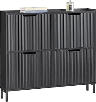 SoBuy Narrow Shoe Rack with 4 Flip Drawers Slim Wooden Shoe Storage Cupboard for Hallway Entrance Foyer or Understairs Black W100 x D19 x H91cm FSR177-L-SCH