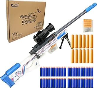 AGM MASTECH AWM Shell-Throwing Blaster Shot Gun, 40 Official Darts, 4-Dart Clip, 2 Magazines, Removable Stock, Barrel Extension, Blaster Toys Playset for Boys, Kids, and Adults (White)