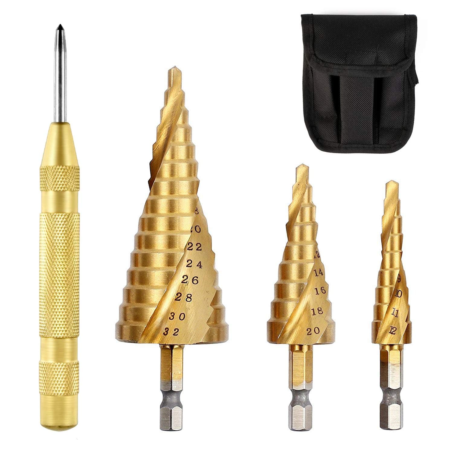 Step Drill Bit Set, 3Pcs Spiral Groove Titanium Coated High Speed Steel Unibit Cone Hole Cutter Bit with Automatic Center Punch for Drilling Plate Aluminum Metal Wood Hole (4-12mm/4-20mm/4-32mm)