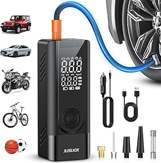 Tire Inflator Portable Air Compressor, Battery & 12V DC Dual Power Air Pump for Car Tires, 150PSI Cordless Bike Tire Pump with Digital Pressure Gauge, LED Light, for Motorcycle, Ball