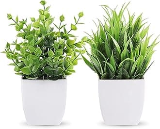 Dekorly Artificial Potted Plants, Artificial Plastic Eucalyptus Plants Small Indoor Potted Houseplants, Small Faux Plants for Home Decor Bathroom Office Farmhouse (Set 0F 2)