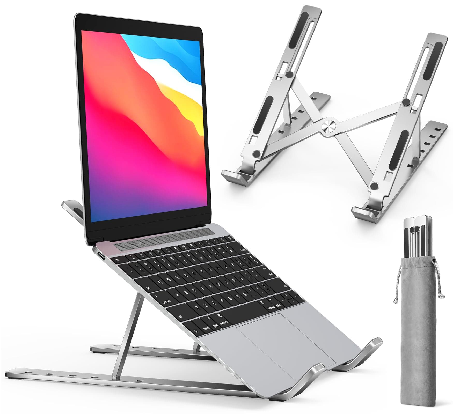 ivoler Ergonomic Foldable Portable Adjustable Aluminum Laptop Computer Desktop Tablet Stand, Holder Compatible with MacBook Air Pro, Dell XPS, HP, Lenovo More 10-15.6” Laptops, Silver (AMUSA20710001)