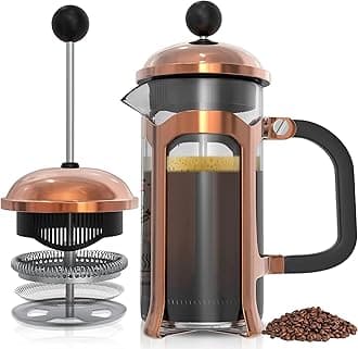 French Press Coffee Maker, Glass Classic Copper Stainless Steel Coffee Press, Cold Brew Heat Resistant Thickened Borosilicate Coffee Pot for Camping Travel Gifts_600 ml (Rose Gold)