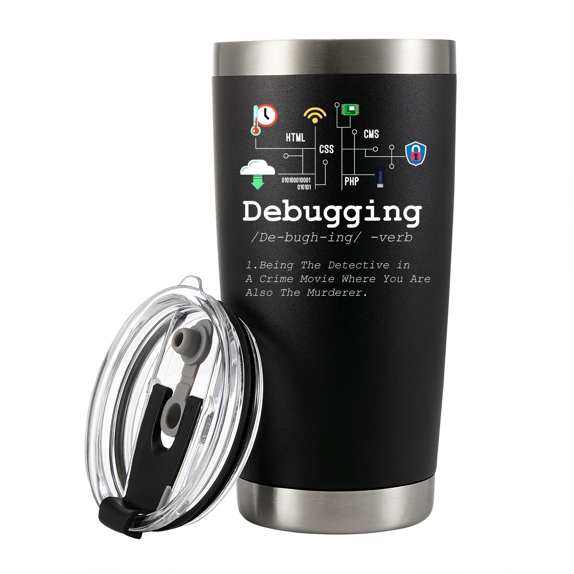 Debugging Definition Computer Programmer Student Teacher Geek Coder Friend Coding Programming IT Vacuum Insulated Tumbler Nerd Tech Support Travel Mug Stainless Steel With Straw Removable Lid (20 oz)
