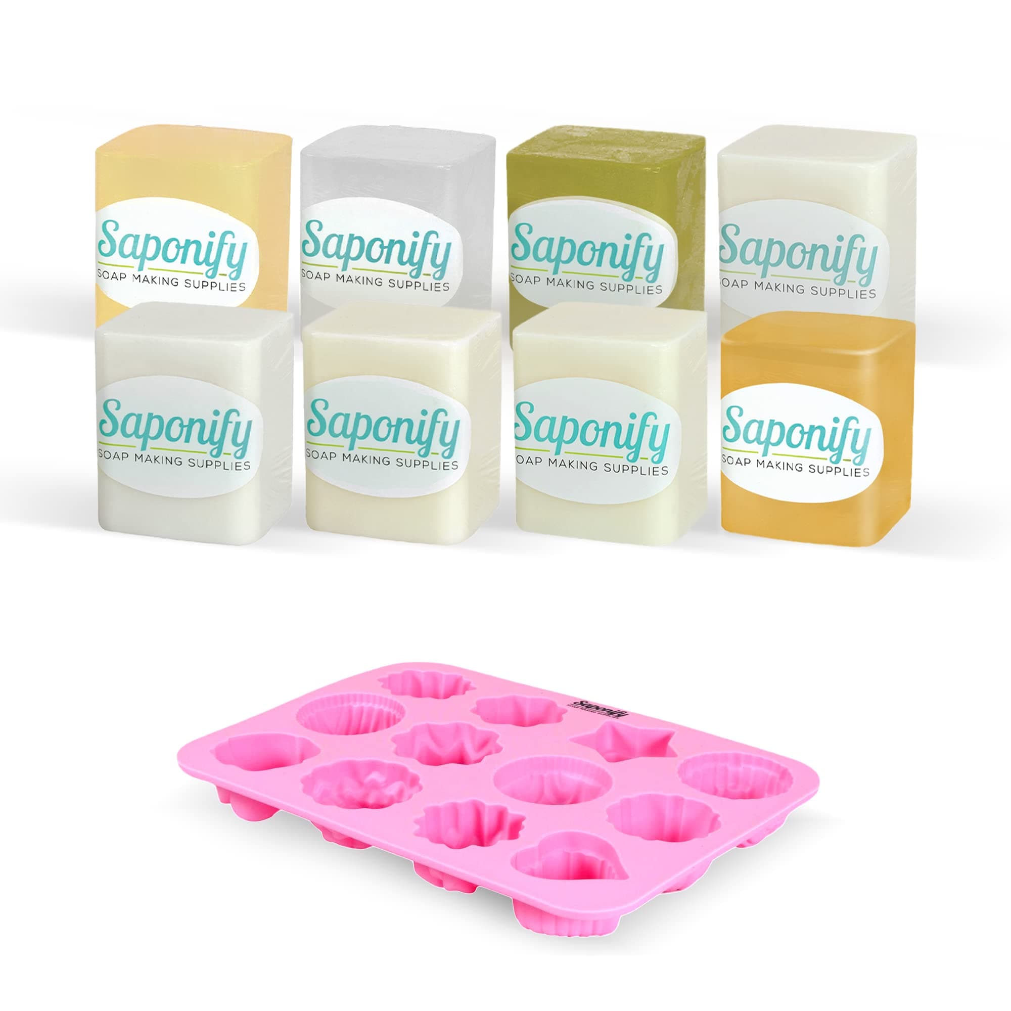 Saponify - Melt and Pour Soap Base Sampler Kit, Silicone Mold, Honey, Clear, Hempseed Oil, White, Cocoa Butter, Mango Butter, Goats Milk and Argan Oil, 1Lb Each, Variety Pack 2