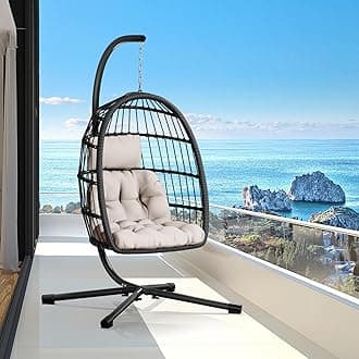 Egg Chair with Stand,Patio Rattan Wicker Hanging Swing Egg Chair Hammock Chair for Bedroom Porch Garden,Thickened Aluminum Alloy Steel Frame and UV Resistant Cushion,350LBS Capacity