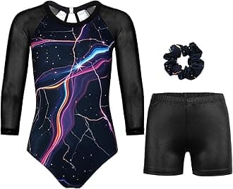 JOYSTREAM Gymnastics Leotards for Girls With Shorts Sparkly Ballet Dance Long Mesh Sleeve