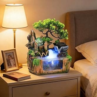 10Inch Bonsai Tree Rock ​Water Fountains Indoor Tabletop Waterfall Humidifier with LED Light and Atomizer Mist, Desktop Decoration Fake Plants Mini Fish Tank Feng Shui Decor Festival Birthday surprise