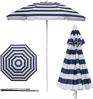 PICNIC TIME Outdoor Canopy Sunshade Beach Umbrella 5.5', Small Patio Umbrella, Beach Chair Umbrella, (Blue & White Stripe)