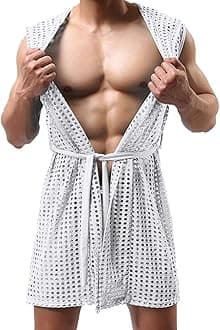 Men's Exotic Hollow Mesh Bathrobe Sexy Cardigan Shawl Top Fashionable Loungewear for Nights