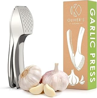 Oliver's Kitchen ® Premium Garlic Press - Super Easy to Use & Clean Garlic Crusher & Mincer - Crush Garlic & Ginger Effortlessly (No Need to Peel) - Built for Life - Strong & Durable (Silver)