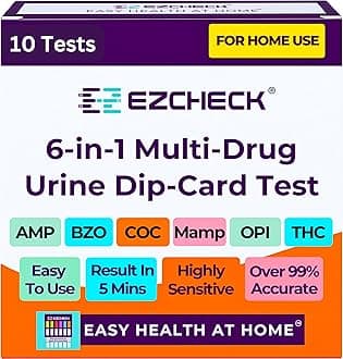[10 Pack] EZCHECK® 6-Panel Drug Test - at-Home Rapid Urine Screening Kit for 6 Most Used Drugs: (THC-Marijuana, BZO-Benzos, MET-Meth, OPI/MOP-Opiates, AMP-Amphetamine, COC)