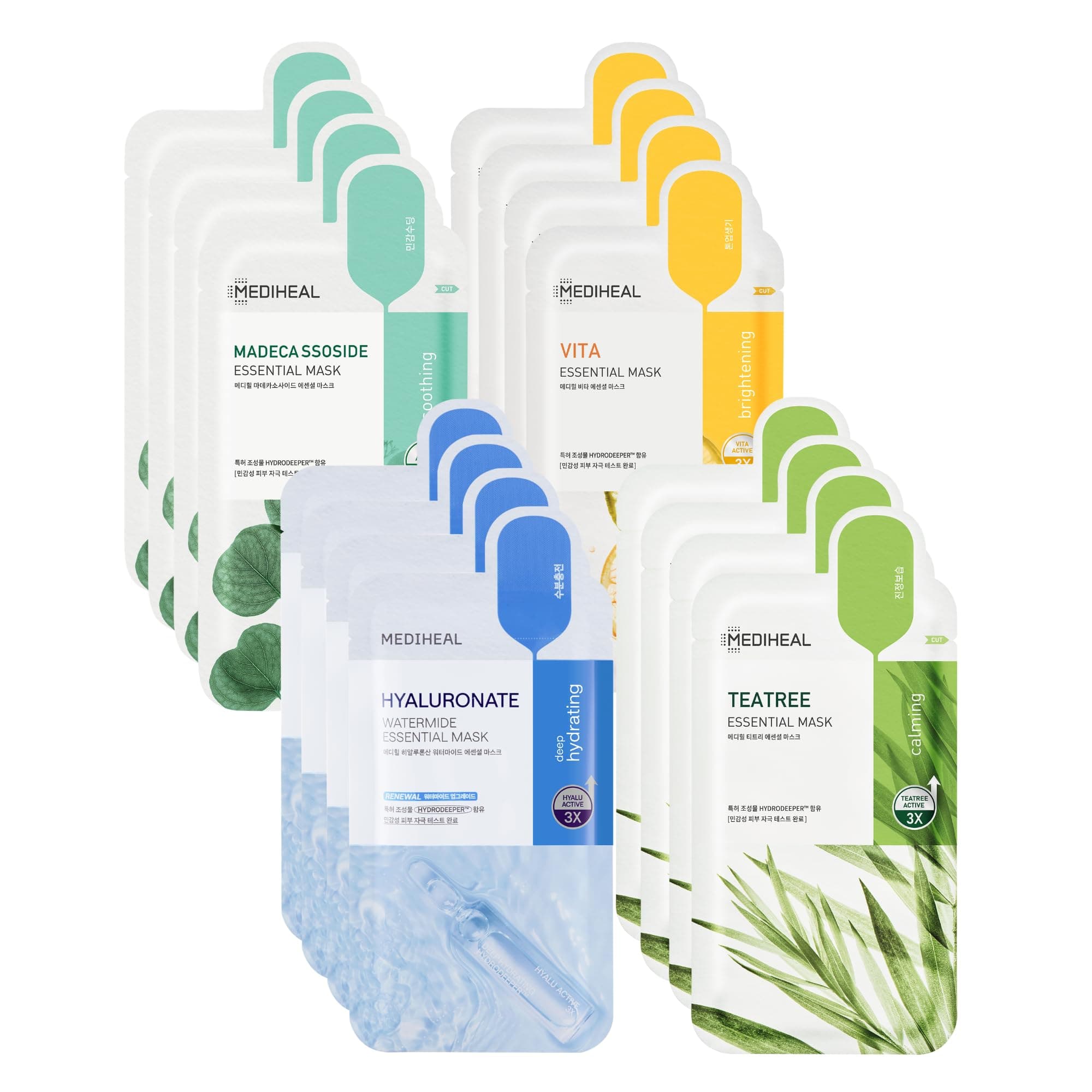 Sheet Mask New Essential HERO 16 pack (Hyaluronate, Tea Tree, Madecassoside, Vita) | Korean Skincare Facial Sheet Mask Combo gift set