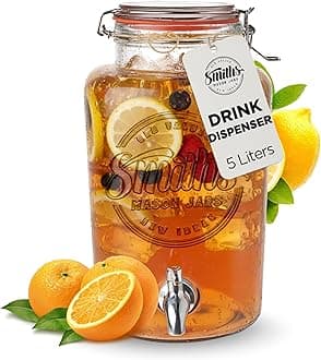 Smith's Mason Jars 5 Liter Glass Drinks Dispenser with Stainless Tap Spigot | Punch Dispenser | Drink Pitcher with Spout | Ideal for Outdoor Picnic BBQ Parties and More (Without Stand)