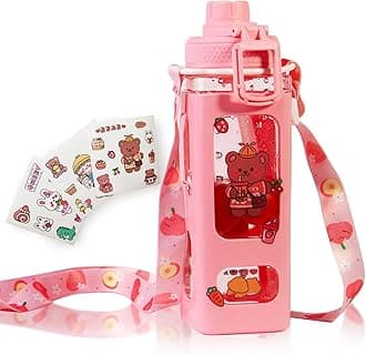 Kawaii Water Bottle for Girls Cute Kids Water Bottles with Straw Square Drinking Bottle, Portable Leakproof Water Jug for School, 30 oz (Pink-900ml)