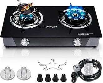 Horynar Propane Stove 2 Burner Gas Stove Novel 9 Copper Propane Burners Auto Ignition Tempered Glass with LPG CSA Hose for Outdoor Cooking,Emergency