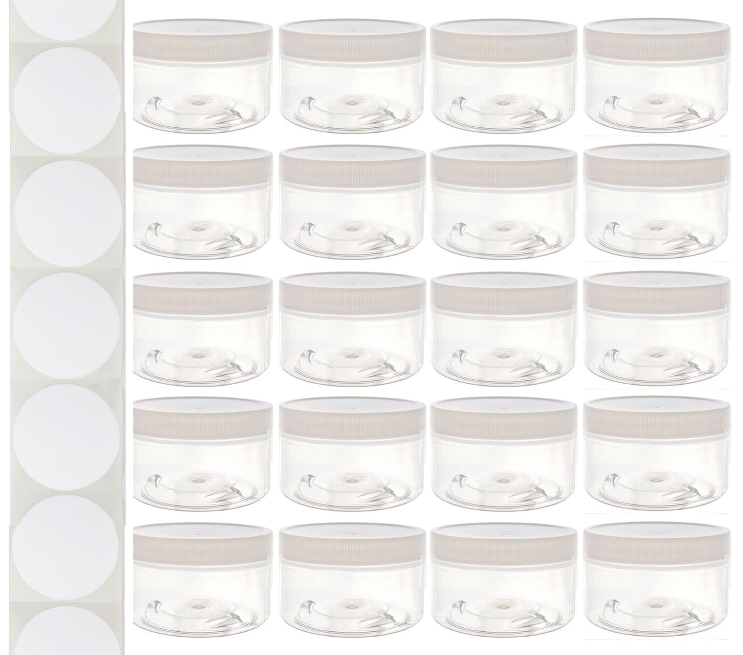 4 Ounce Plastic Wide-Mouth Storage Jars (20 pack) - Low Profile Straight-Sided Clear Empty Refillable Food-Grade BPA-Free PET Containers with White Screw-On Lids - 70mm 70-400 70/400 Made in the USA
