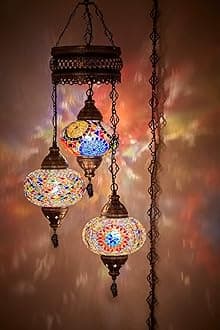 DEMMEX 3-Large 7'' Globes Turkish Moroccan Mosaic Plug-in Chandelier - Handmade Pendant Light Fixture with 15-ft Cord & Chain, Decorative Bohemian Hanging Ceiling Lamp for Living Room, Bedroom, 3.5 ft