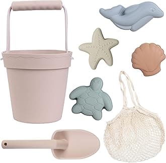 BLUE GINKGO Modern Baby Toys | Travel Friendly Beach Set | Silicone Bucket, Shovel, 4 Sand Molds, Bag | Sand Toys for Toddlers, Kids - 7pc (Pale Pink)