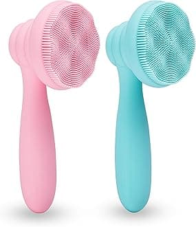 2 PC Silicone Facial Cleansing Brush Facial Scrubber Manual Exfoliating Facial Brush Face Cleanser Face Exfoliator Ultrafine Bristles for Sensitive Skin Easy to Clean Lather Well(Pink&Green)