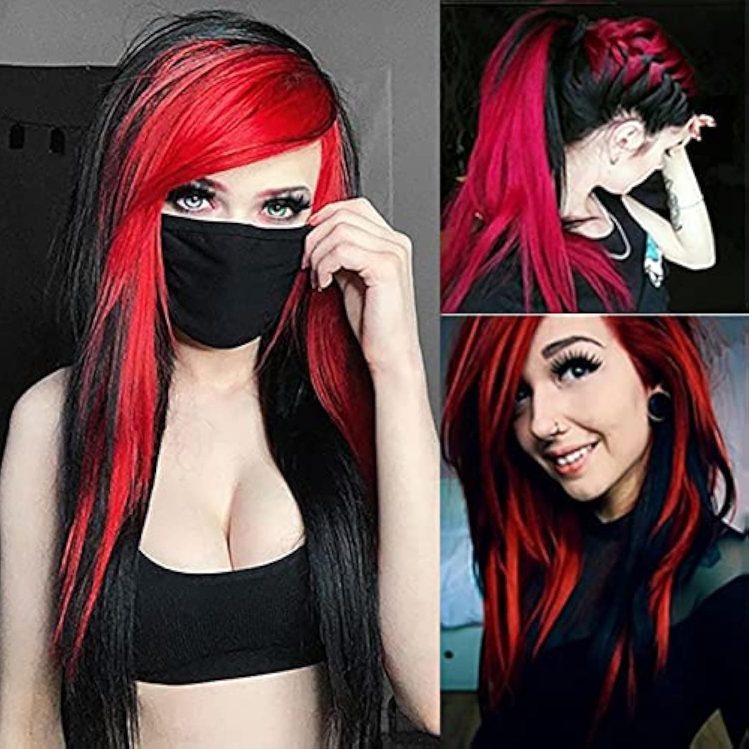 Long Red Black Wig Silky Straight Synthetic Heat Resistant Side Bangs Halloween Costume Hair Wigs for Women