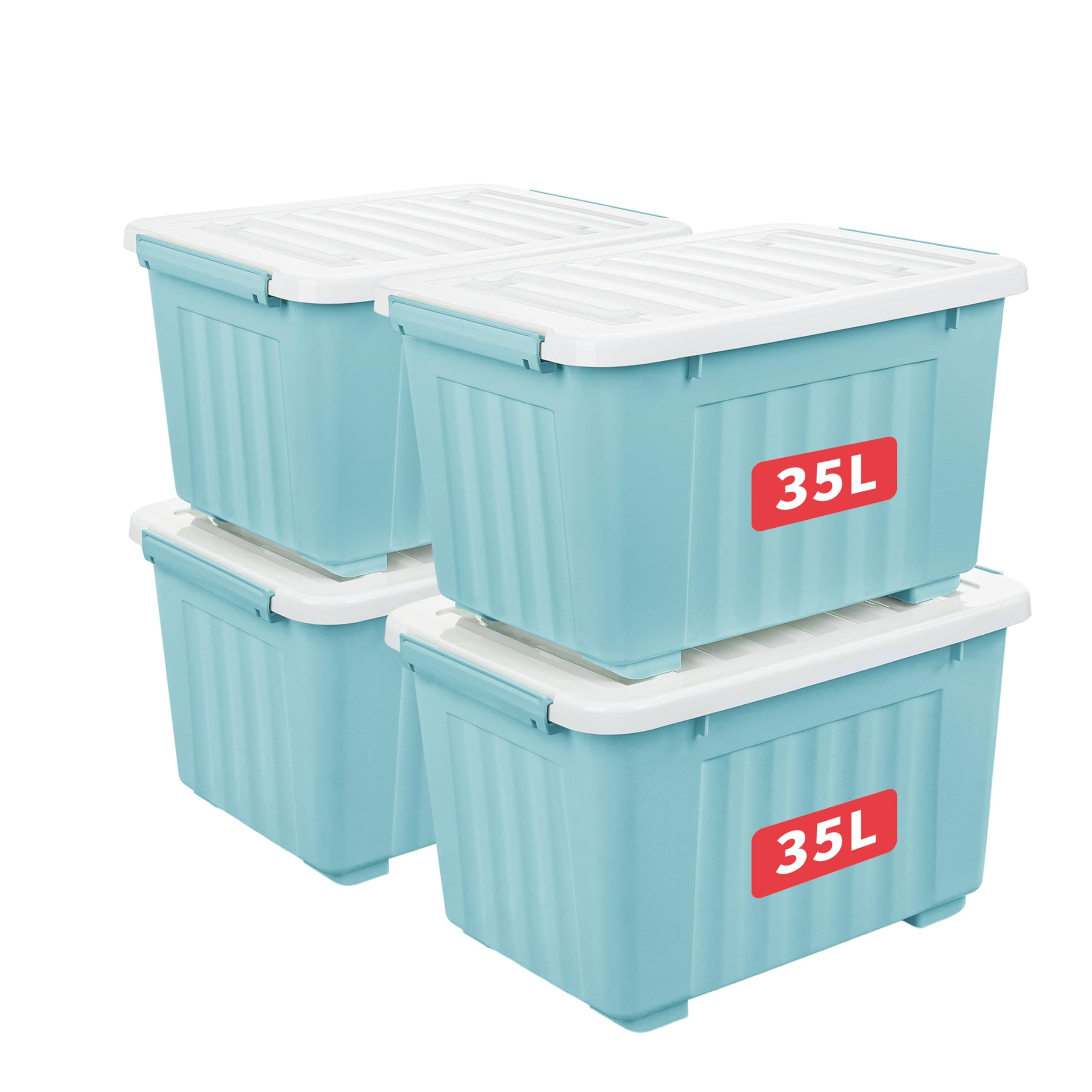 35L*4 Storage Boxes with Wheels, Plastic Storage Bin with Lid, Latching Buckles, Click Closure, Stackable, Nesting, Durable Organizer for Home Office Clothes, Blue, 35L-4 Pack