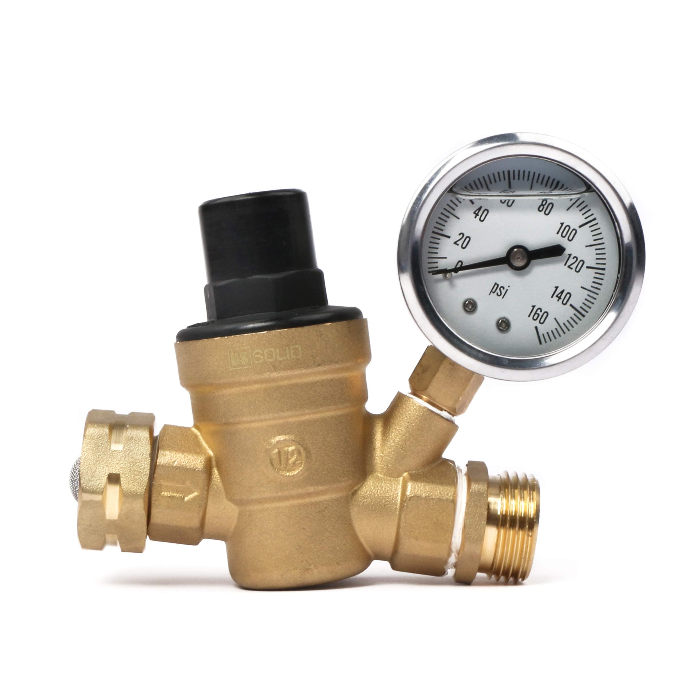 U.S. Solid 3/4" GHT RV Water Pressure Regulator, Adjustable Lead-Free Brass Water Regulator Valve with Gauge & Filter for RV, Camper & Garden Hose