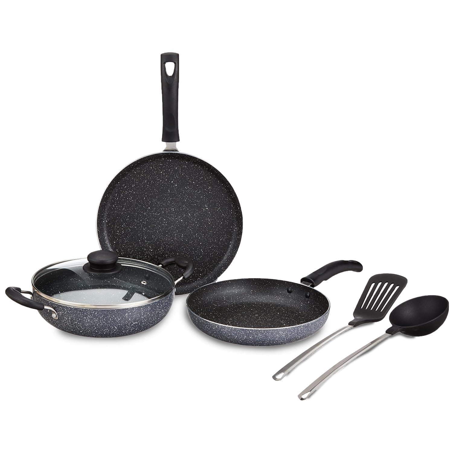 6 Piece Non-Stick Cookware Set | Granite Finish | Induction Base | PFOA Free | HTR Exterior Coating | 25cm Tawa, 22 cm Kadai, 22cm Fry Pan, 1 Glass Lid & 2 Nylon Spatulas | Grey