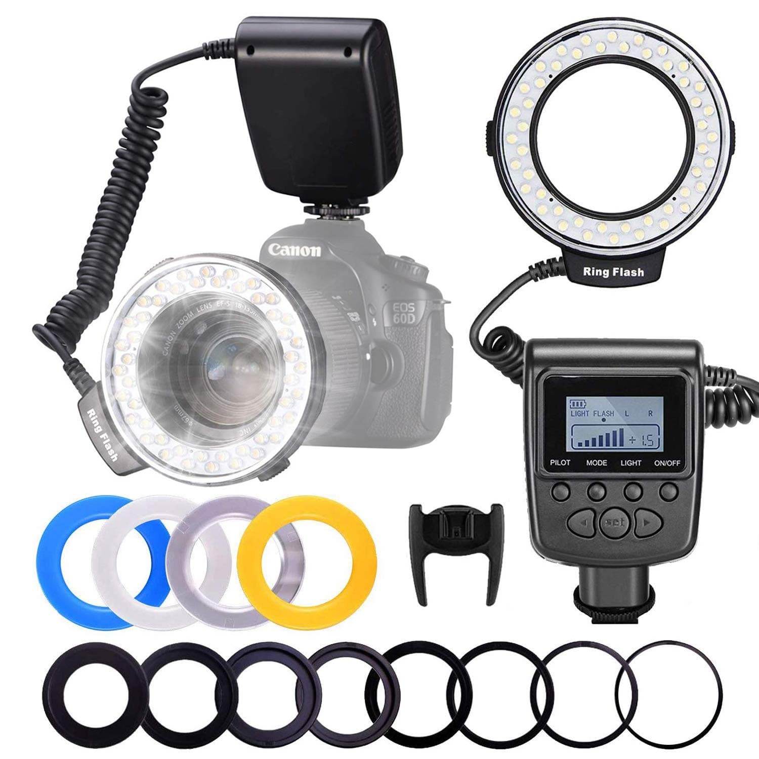 Ring Flash, Macro LED Flash Light with LCD Display Adapter Rings and Flash Diffusers for Nikon Canon and Other DSLR Cameras (8 adapters)